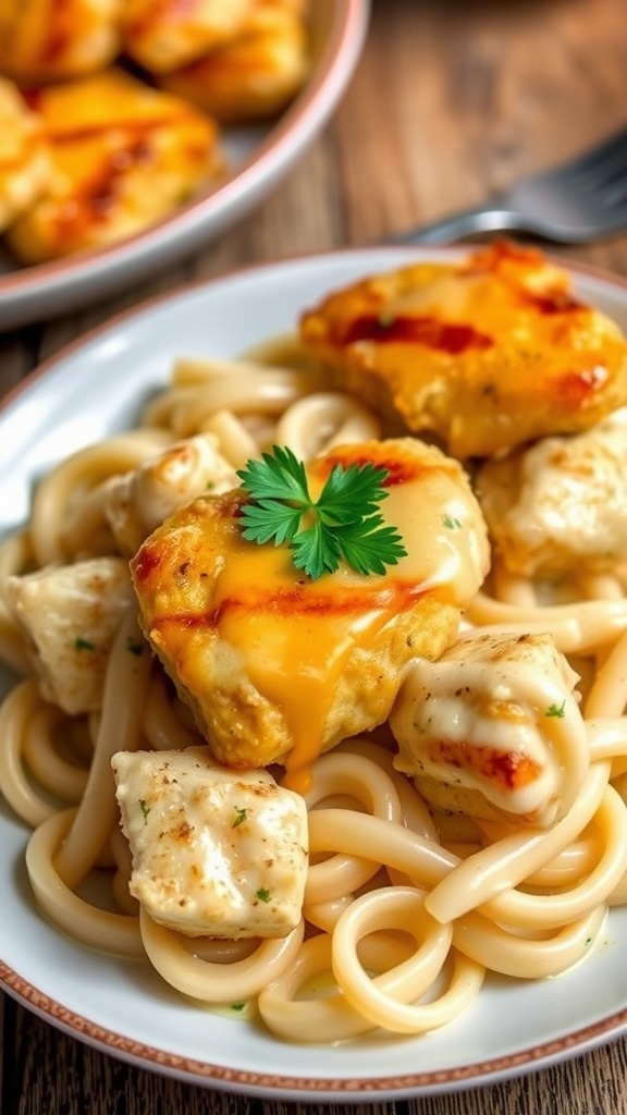 Garlic butter chicken bites on creamy parmesan pasta, garnished with parsley, on a rustic table.